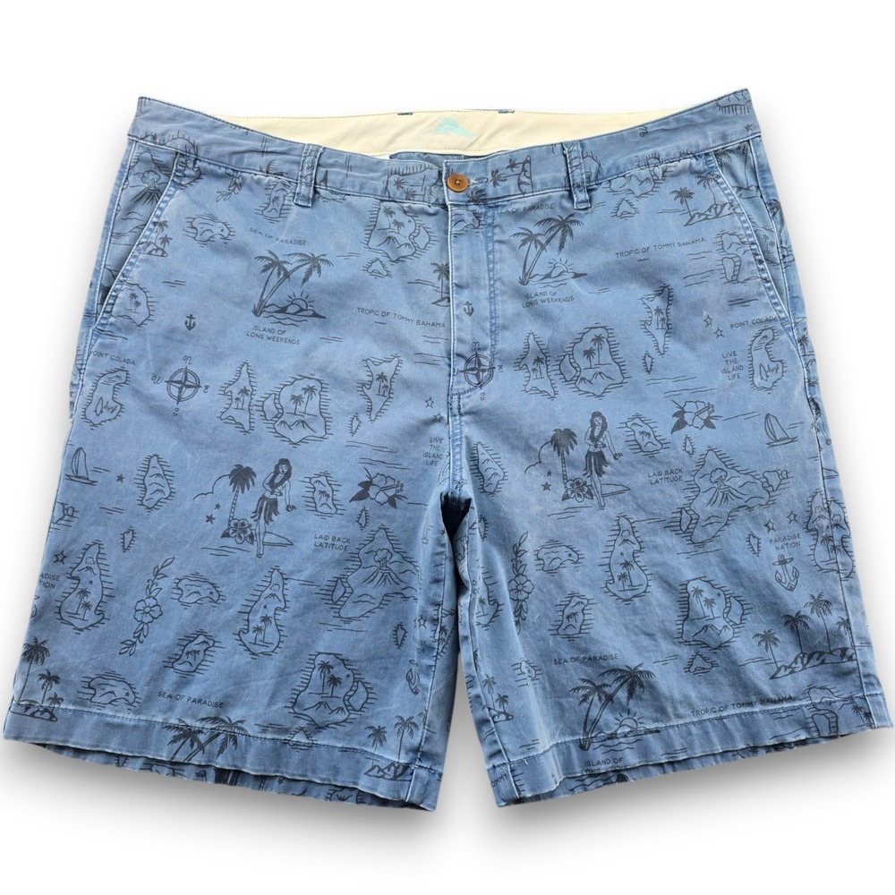 Tommy Bahama Mens Shorts Blue Tropical Map Island Print Cotton Blend Size 40